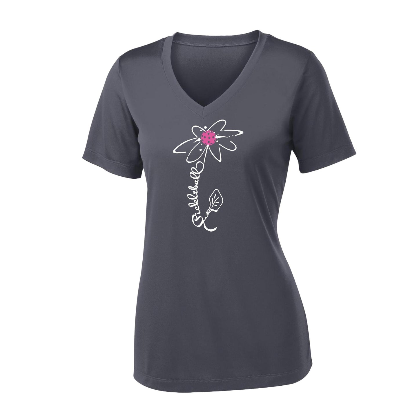 Pickleball Flower (Pink Purple Rainbow) | Women's Short Sleeve V-Neck Pickleball Performance T-Shirts | 100% Polyester