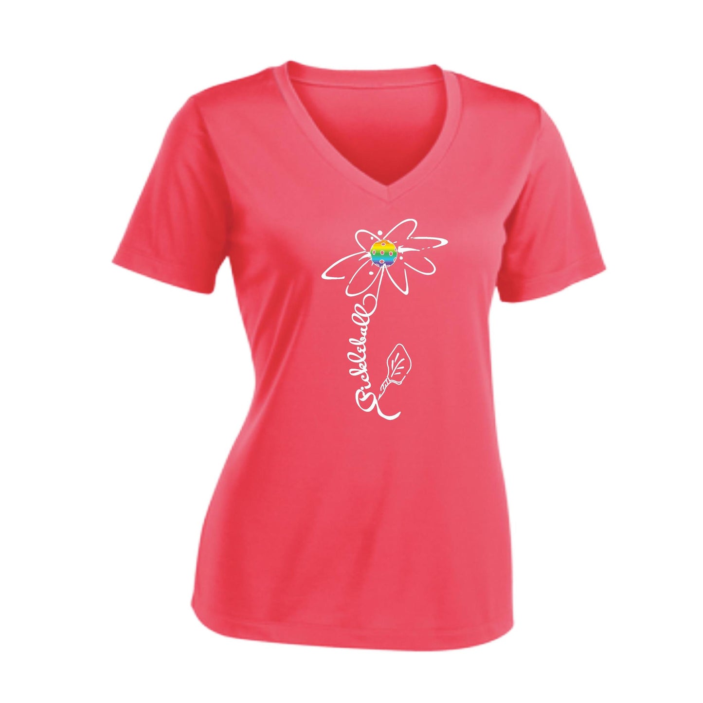 Pickleball Flower (Pink Purple Rainbow) | Women's Short Sleeve V-Neck Pickleball Performance T-Shirts | 100% Polyester