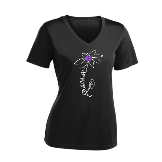 Pickleball Flower (Pink Purple Rainbow) | Women's Short Sleeve V-Neck Pickleball Performance T-Shirts | 100% Polyester
