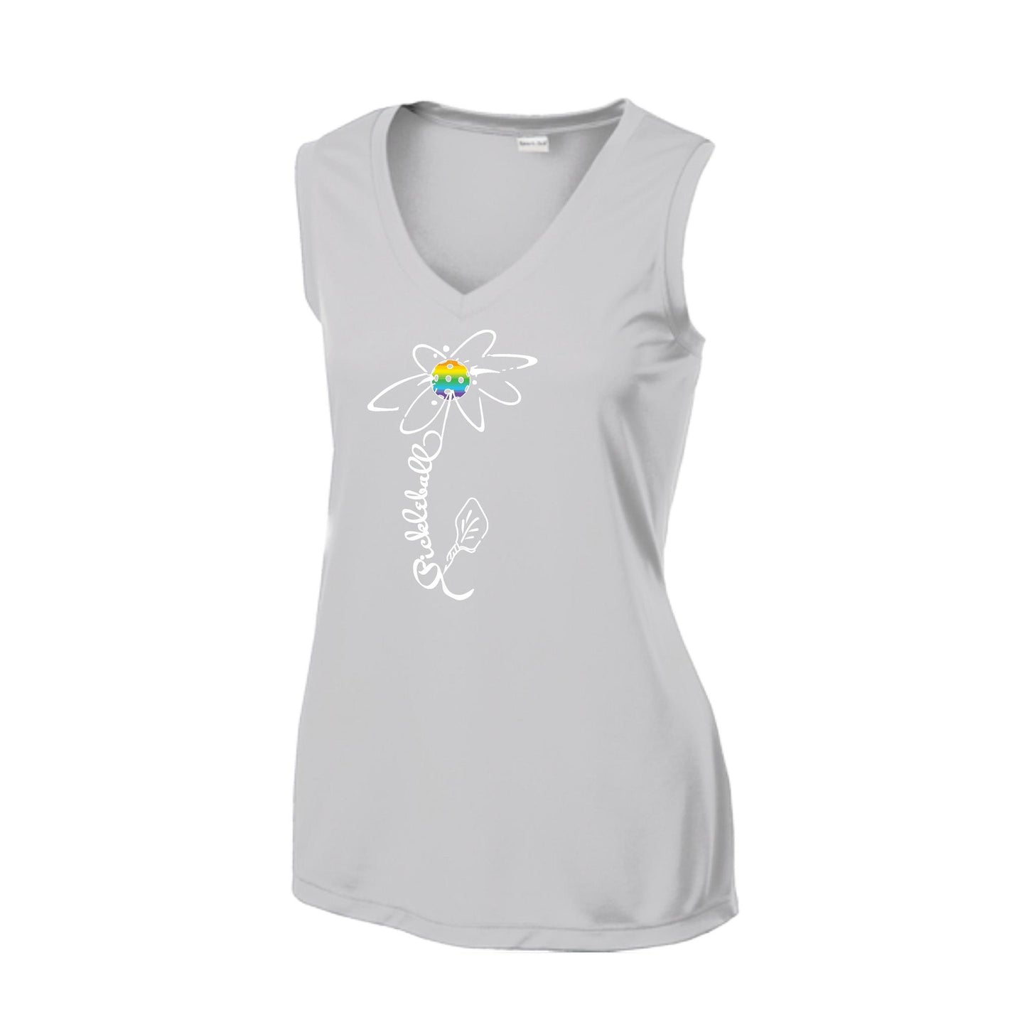 Pickleball Flower (Pink Purple Rainbow) | Women’s Sleeveless Athletic Performance T-Shirt | 100% Polyester