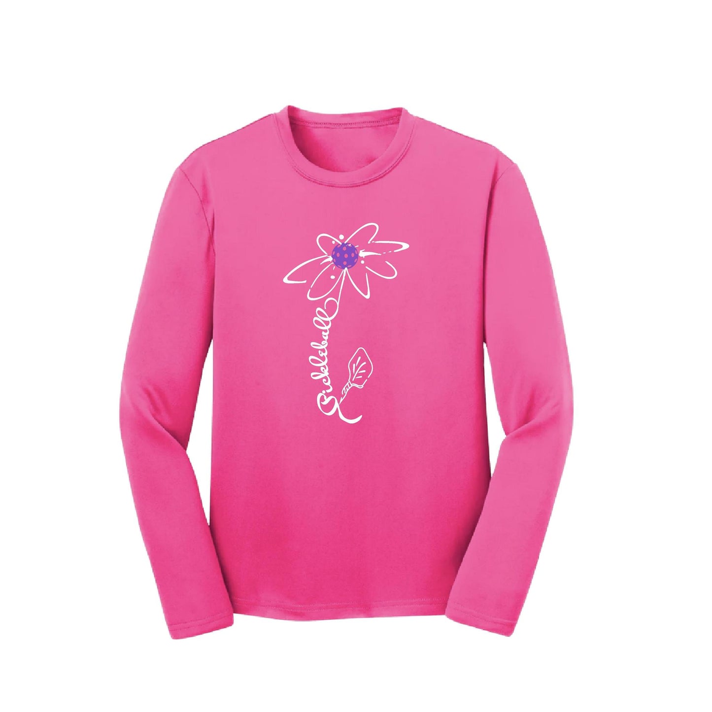 Pickleball Flower (Pink Purple Rainbow) | Youth Long Sleeve Pickleball Performance T-Shirts | 100% Polyester