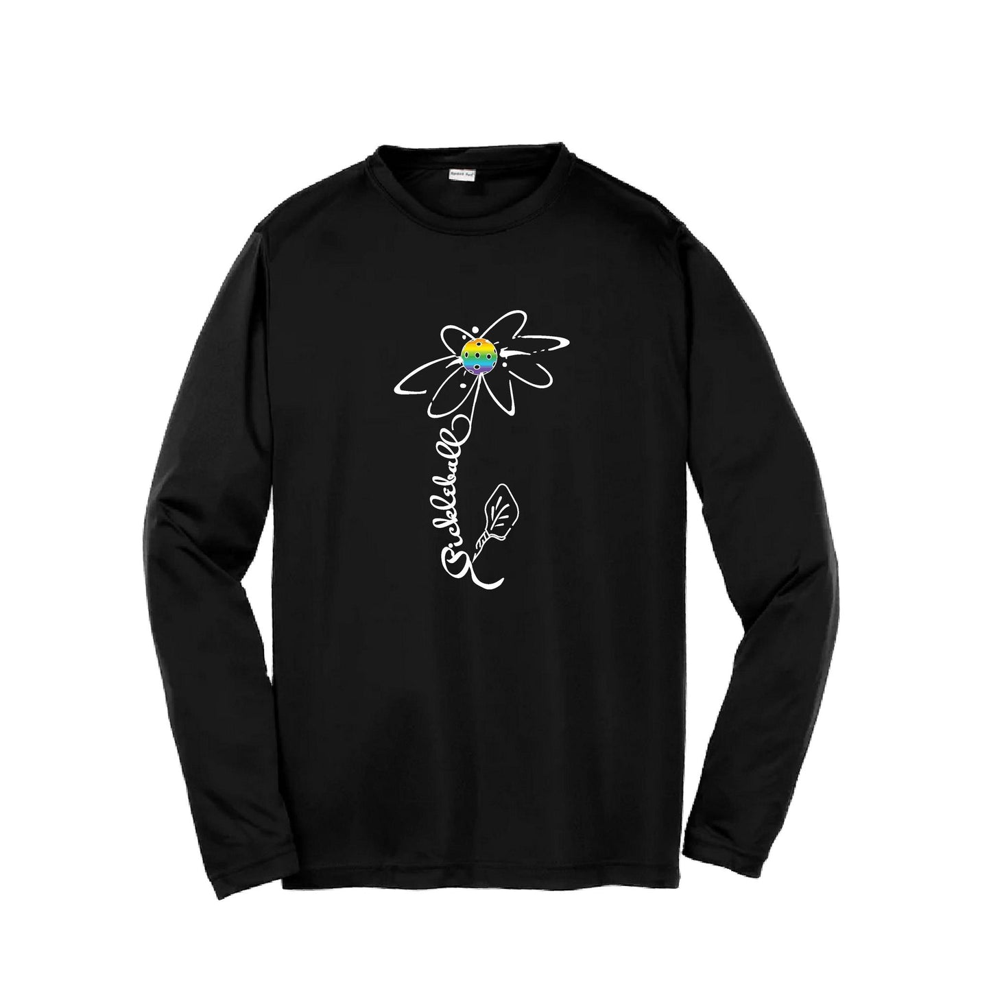 Pickleball Flower (Pink Purple Rainbow) | Youth Long Sleeve Pickleball Performance T-Shirts | 100% Polyester
