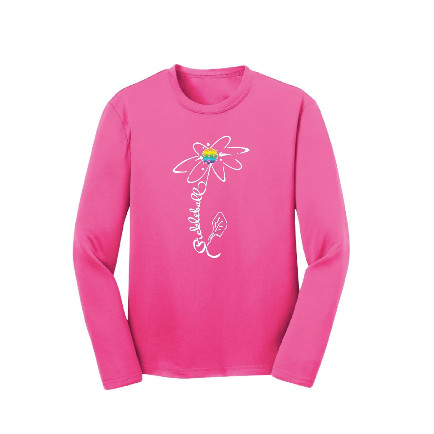 Pickleball Flower (Pink Purple Rainbow) | Youth Long Sleeve Pickleball Performance T-Shirts | 100% Polyester