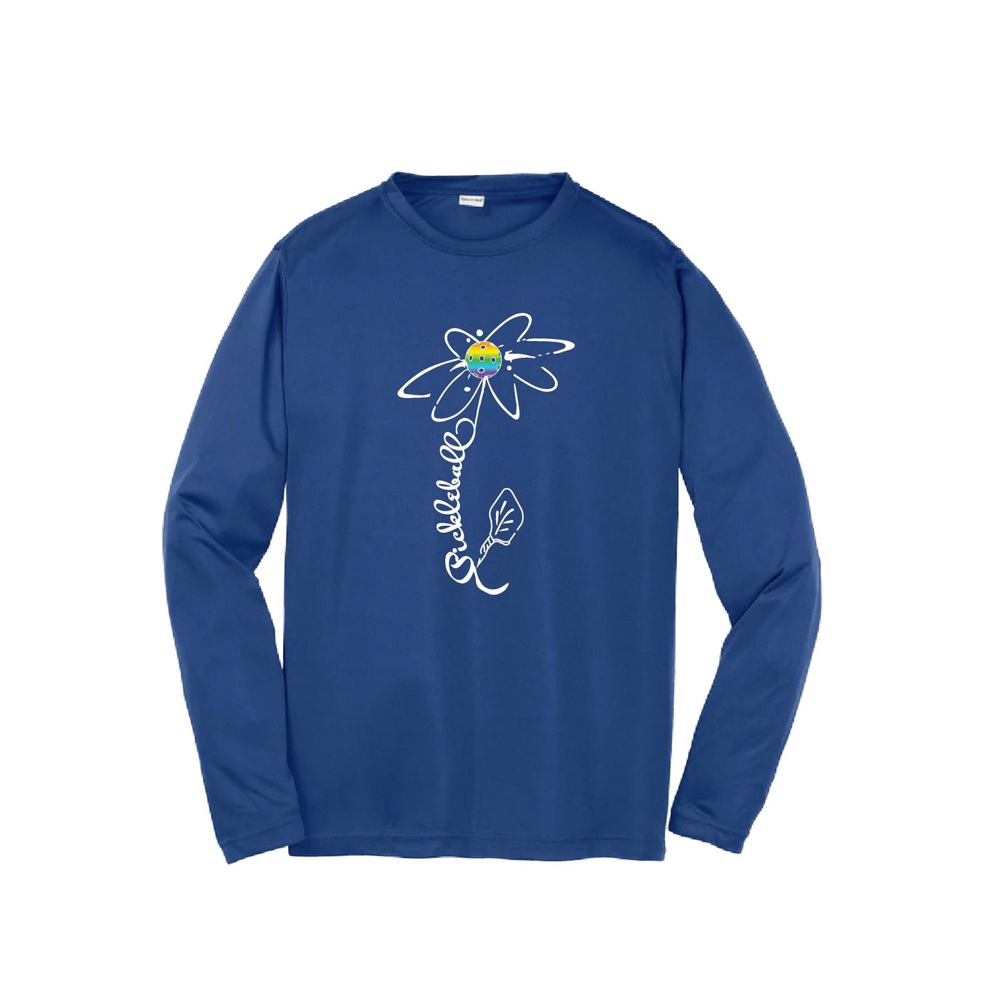 Pickleball Flower (Pink Purple Rainbow) | Youth Long Sleeve Pickleball Performance T-Shirts | 100% Polyester