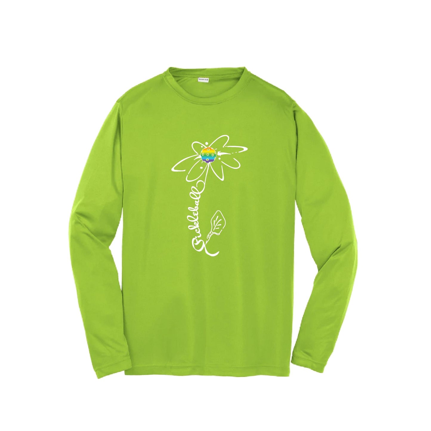 Pickleball Flower (Pink Purple Rainbow) | Youth Long Sleeve Pickleball Performance T-Shirts | 100% Polyester