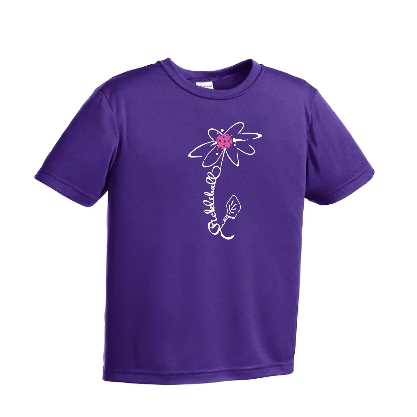 Pickleball Flower (Pink Purple Rainbow) | Youth Short Sleeve Pickleball Performance T-Shirts | 100% Polyester