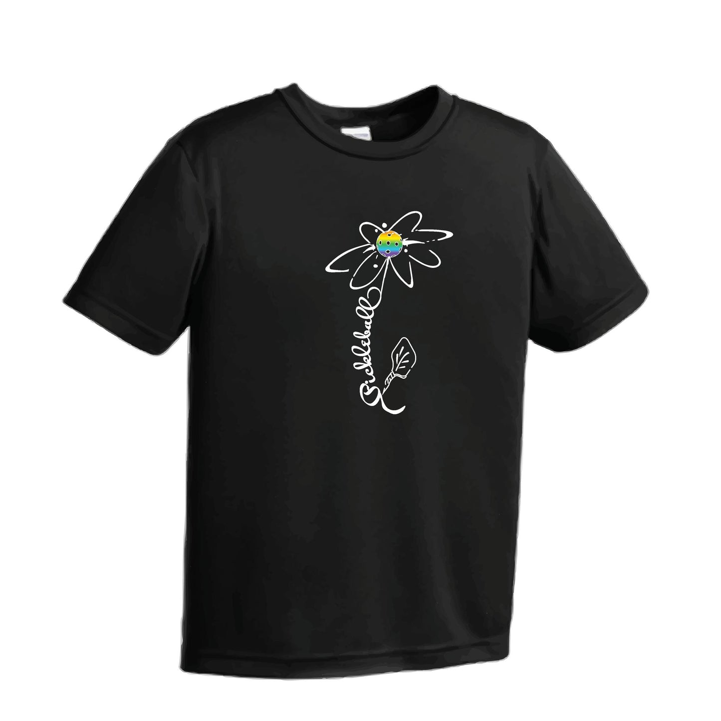 Pickleball Flower (Pink Purple Rainbow) | Youth Short Sleeve Pickleball Performance T-Shirts | 100% Polyester