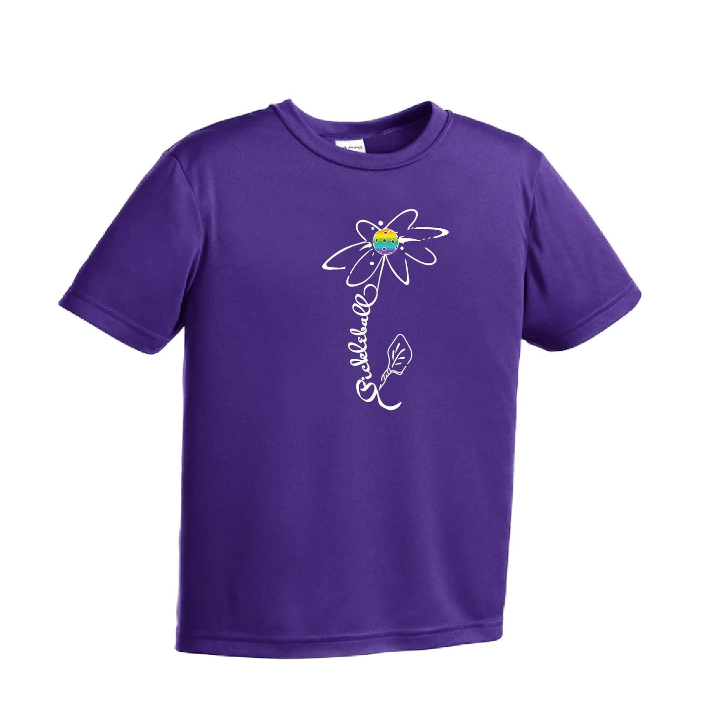 Pickleball Flower (Pink Purple Rainbow) | Youth Short Sleeve Pickleball Performance T-Shirts | 100% Polyester