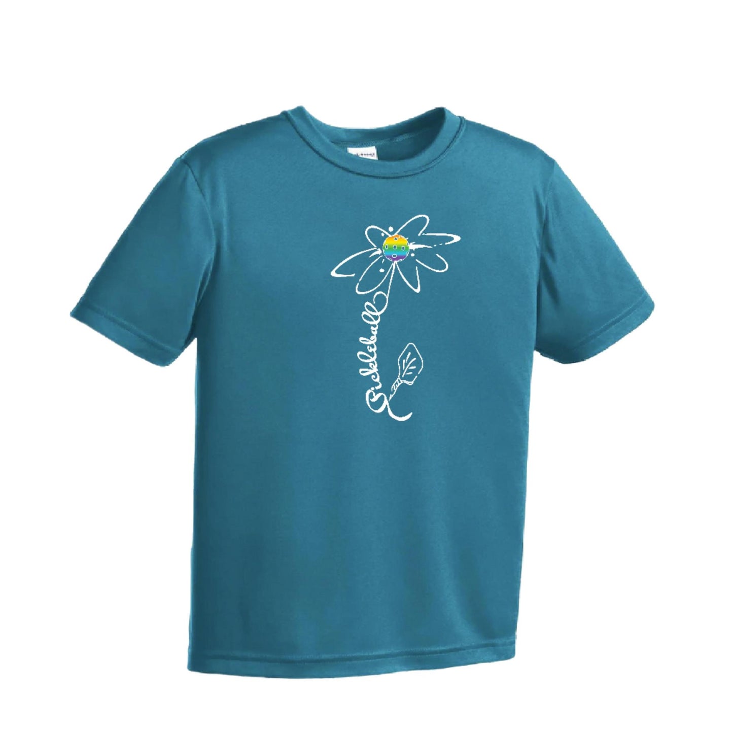 Pickleball Flower (Pink Purple Rainbow) | Youth Short Sleeve Pickleball Performance T-Shirts | 100% Polyester
