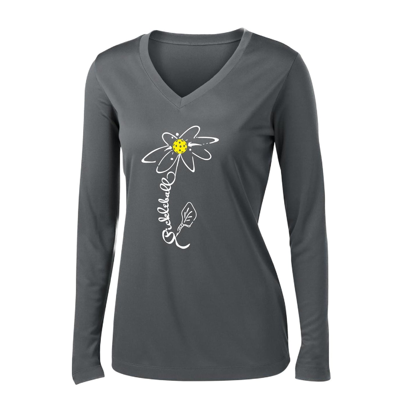 Pickleball Flower (White Yellow) | Women’s Long Sleeve V-Neck Pickleball Performance T-Shirt | 100% Polyester
