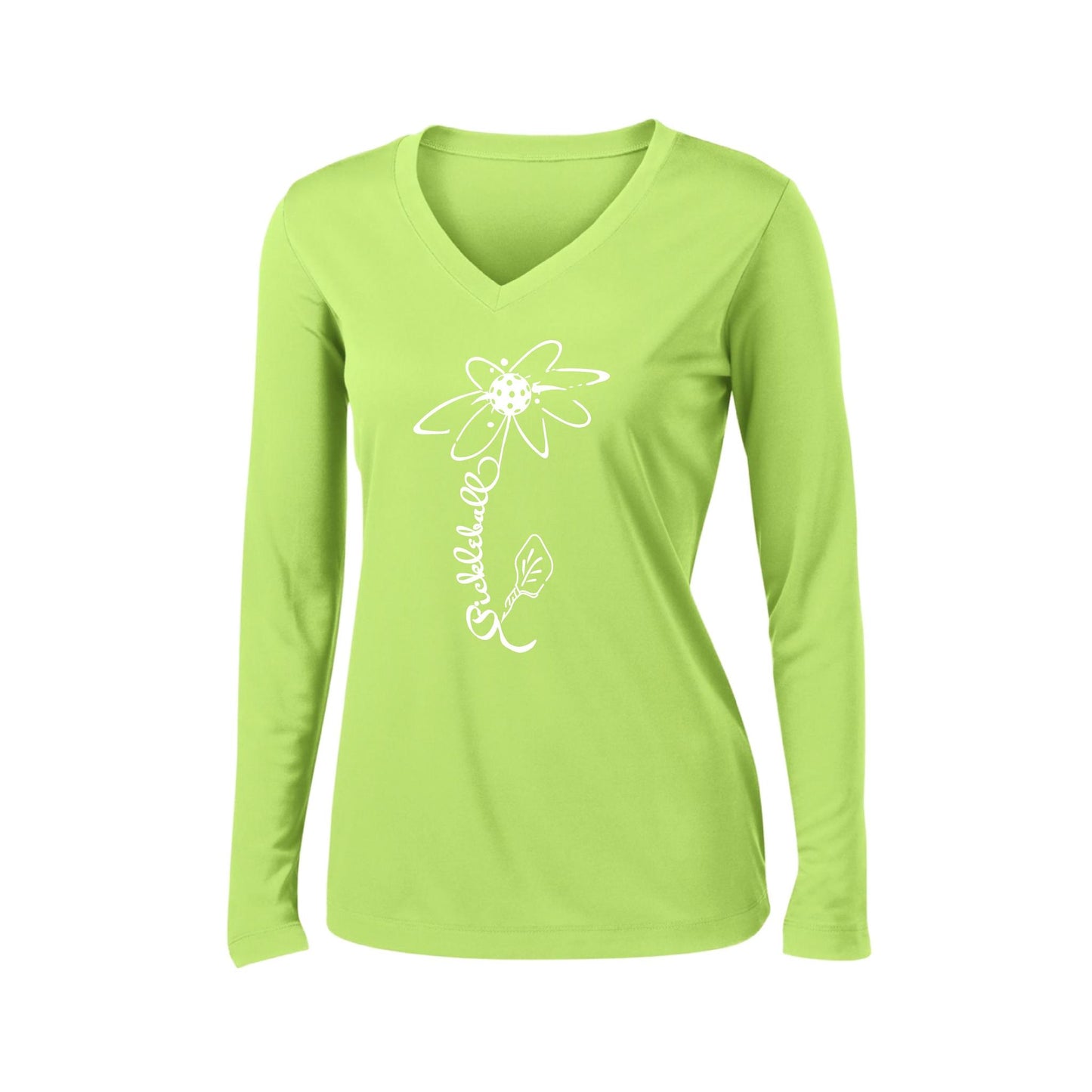 Pickleball Flower (White Yellow) | Women’s Long Sleeve V-Neck Pickleball Performance T-Shirt | 100% Polyester