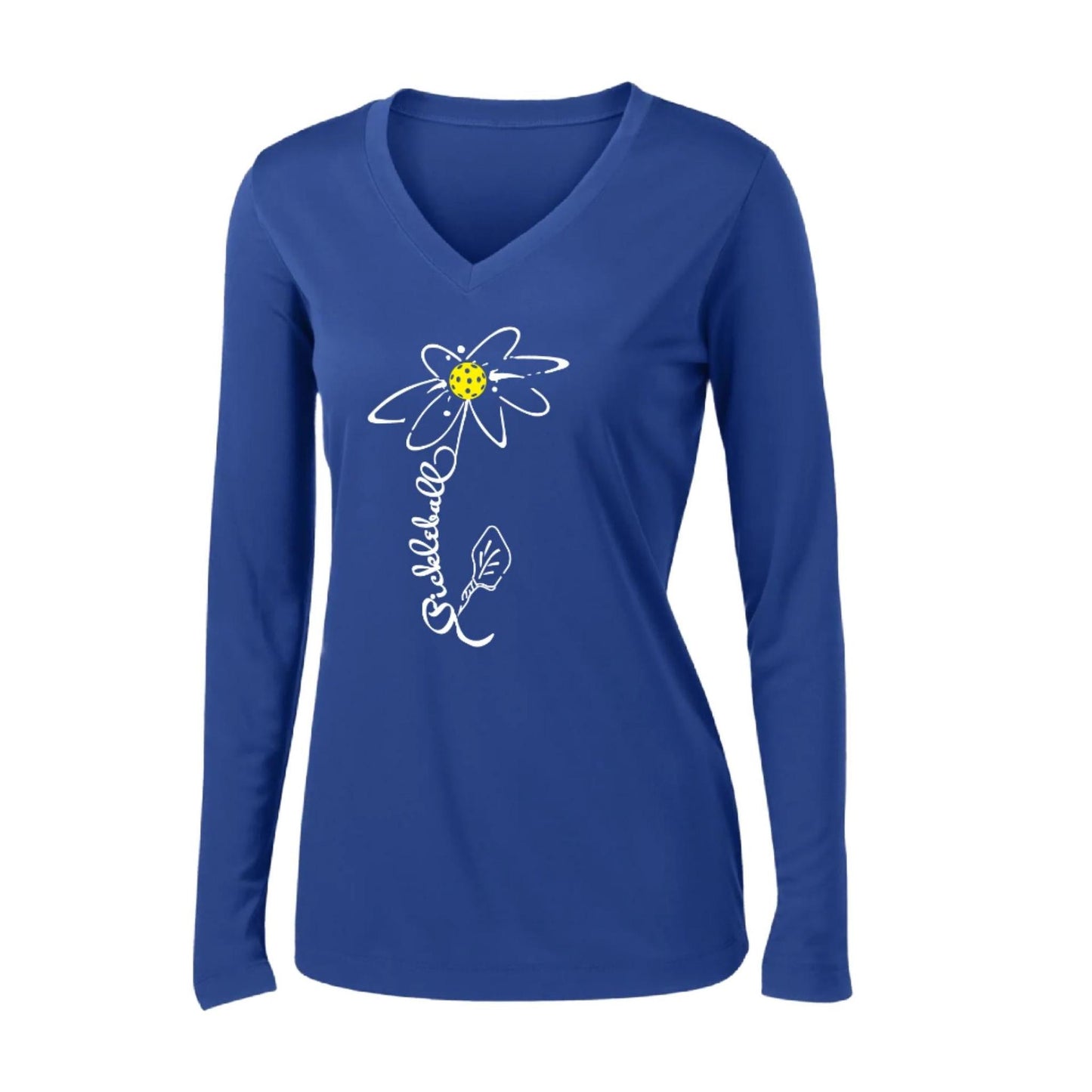 Pickleball Flower (White Yellow) | Women’s Long Sleeve V-Neck Pickleball Performance T-Shirt | 100% Polyester