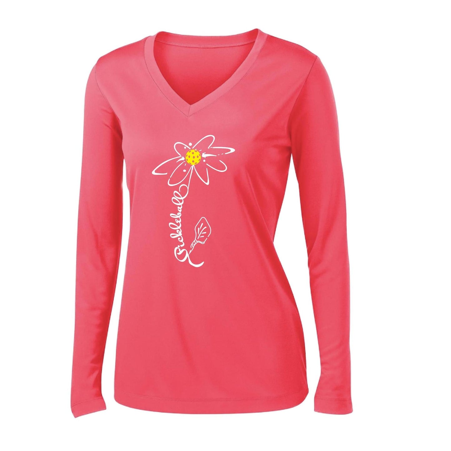 Pickleball Flower (White Yellow) | Women’s Long Sleeve V-Neck Pickleball Performance T-Shirt | 100% Polyester
