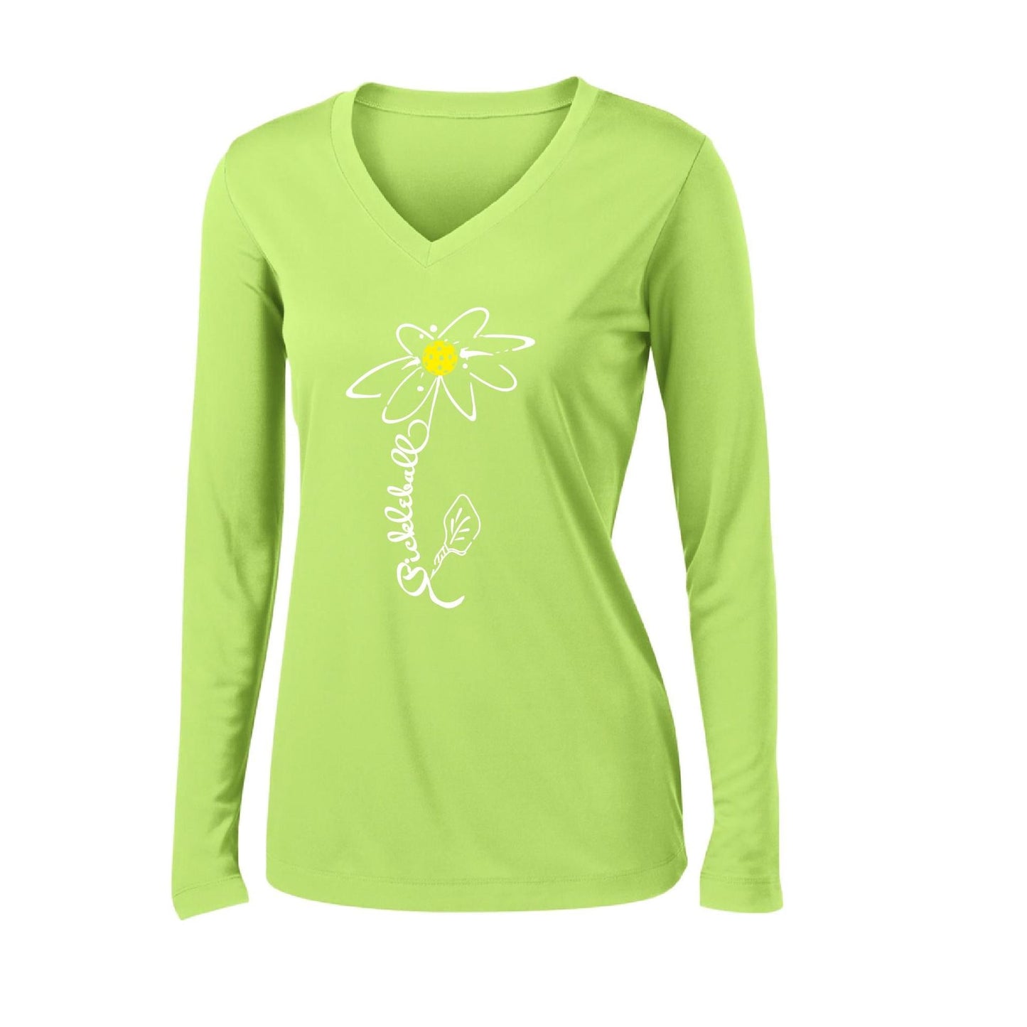 Pickleball Flower (White Yellow) | Women’s Long Sleeve V-Neck Pickleball Performance T-Shirt | 100% Polyester