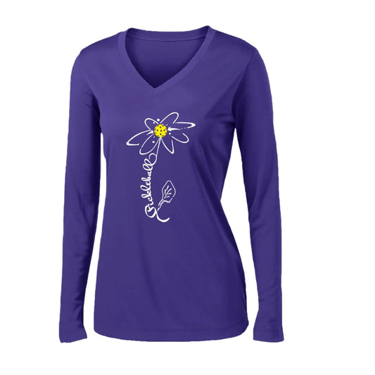 Pickleball Flower (White Yellow) | Women’s Long Sleeve V-Neck Pickleball Performance T-Shirt | 100% Polyester