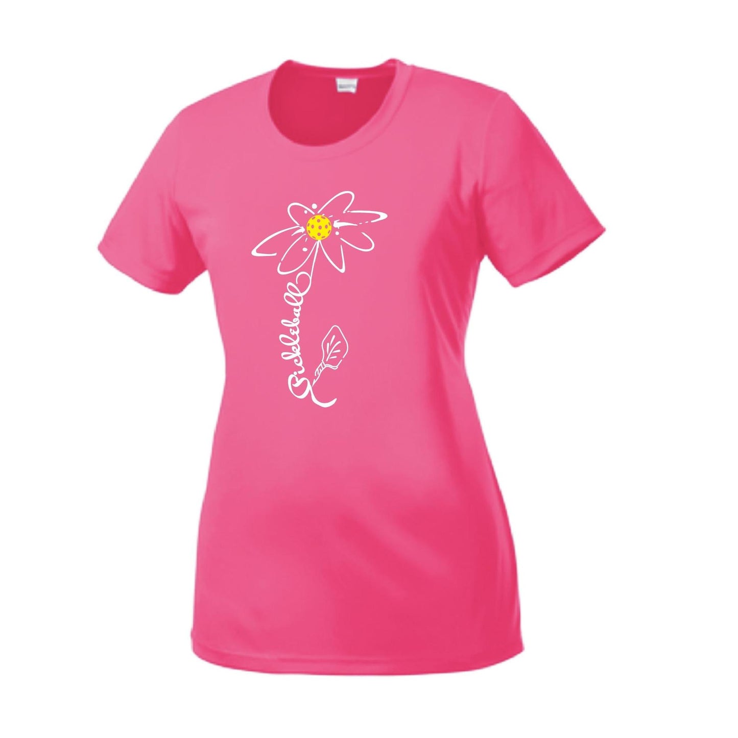 Pickleball Flower (White Yellow) | Women’s Short Sleeve Crewneck Pickleball Performance T-Shirts | 100% Polyester