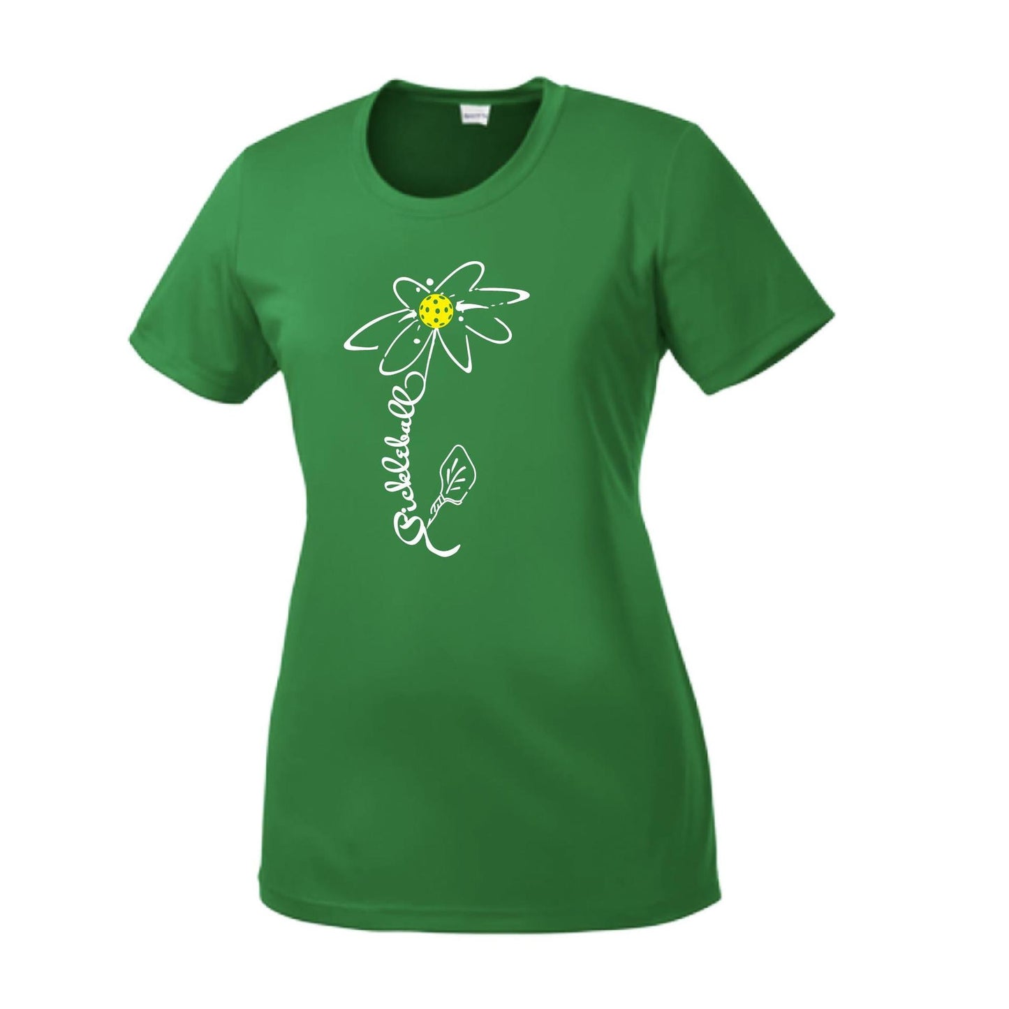 Pickleball Flower (White Yellow) | Women’s Short Sleeve Crewneck Pickleball Performance T-Shirts | 100% Polyester