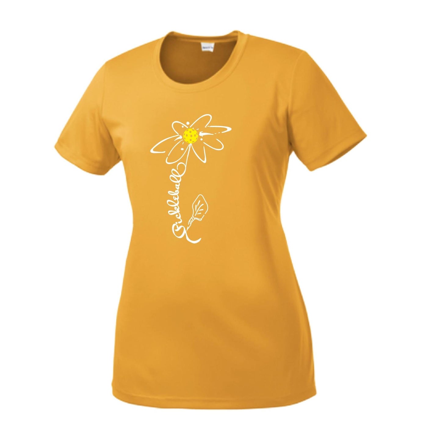 Pickleball Flower (White Yellow) | Women’s Short Sleeve Crewneck Pickleball Performance T-Shirts | 100% Polyester