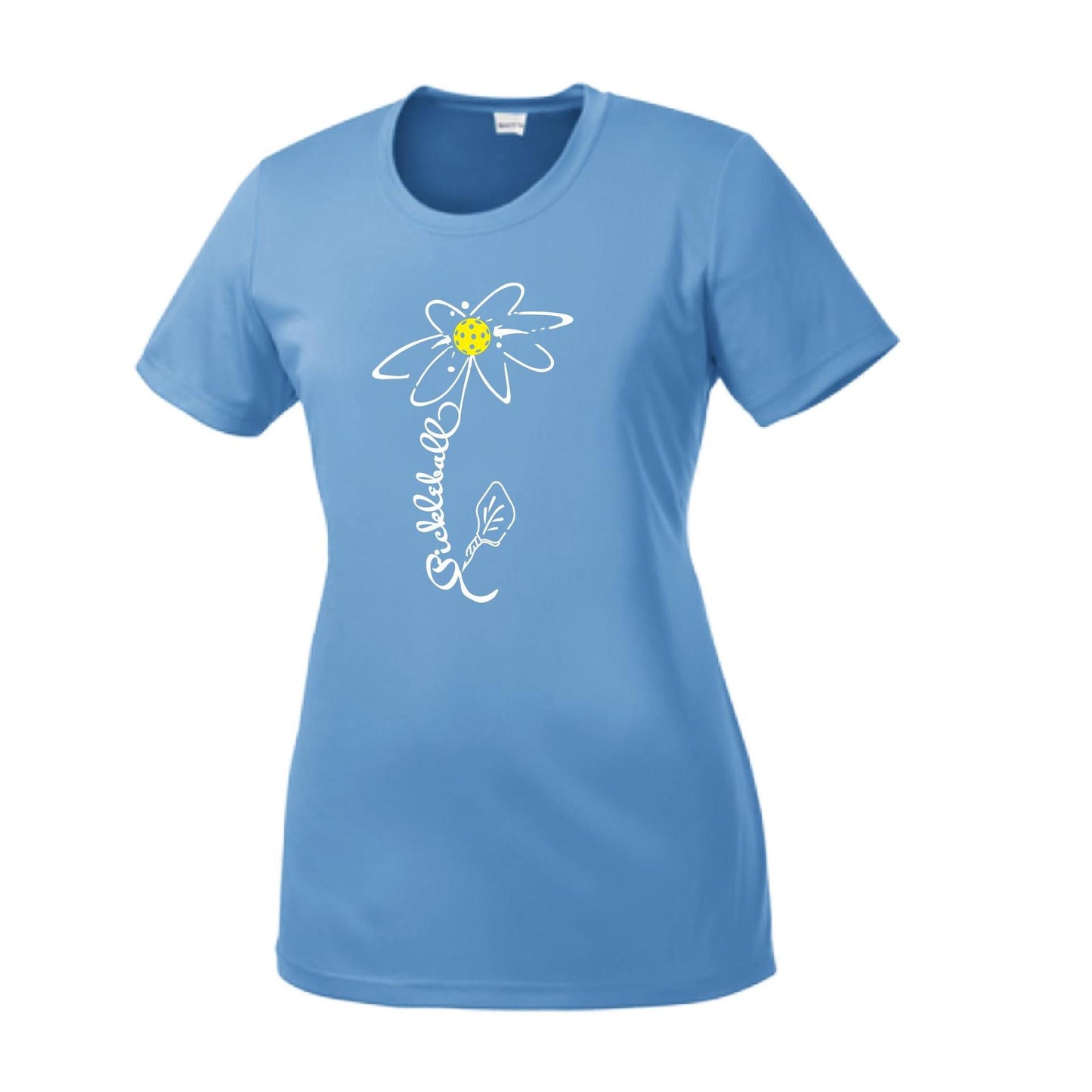 Pickleball Flower (White Yellow) | Women’s Short Sleeve Crewneck Pickleball Performance T-Shirts | 100% Polyester