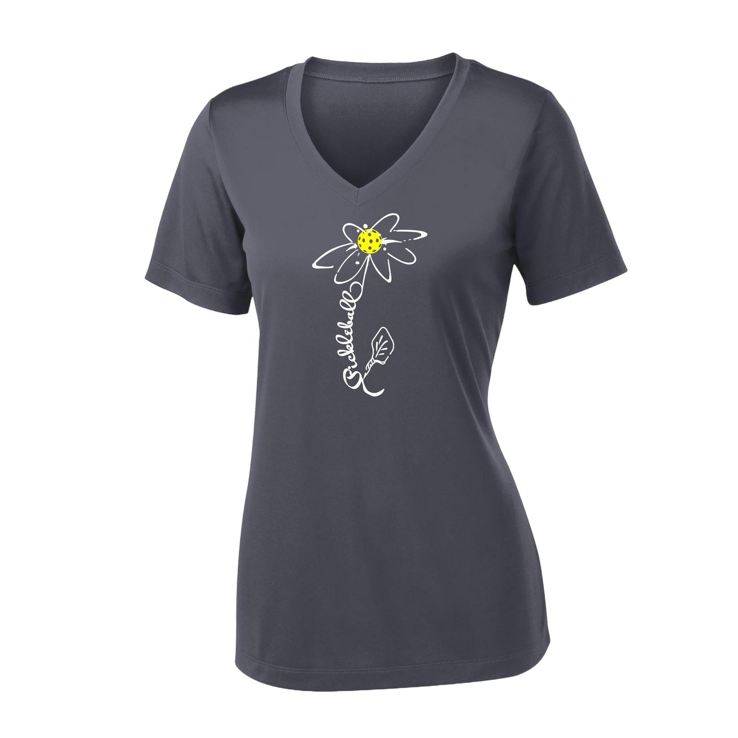 Pickleball Flower (White Yellow) | Women's Short Sleeve V-Neck Pickleball Performance T-Shirts | 100% Polyester