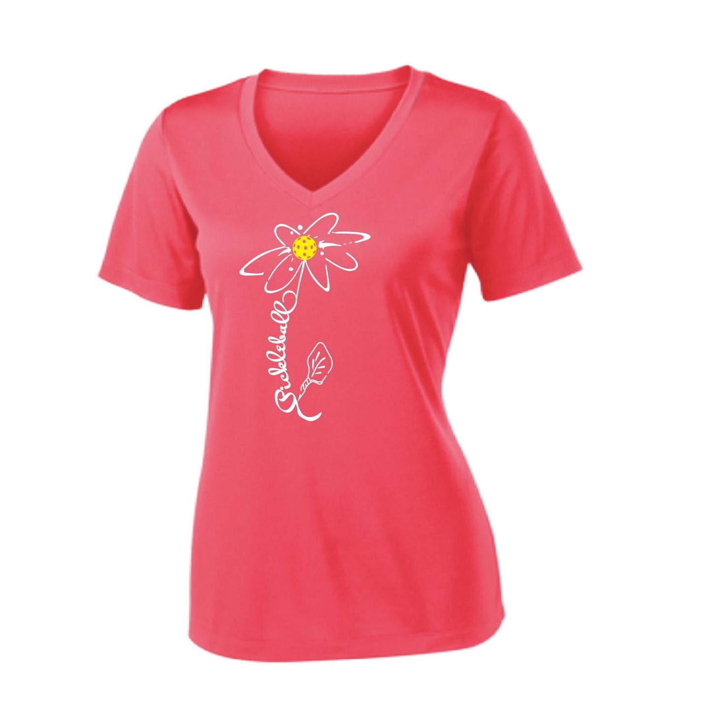 Pickleball Flower (White Yellow) | Women's Short Sleeve V-Neck Pickleball Performance T-Shirts | 100% Polyester