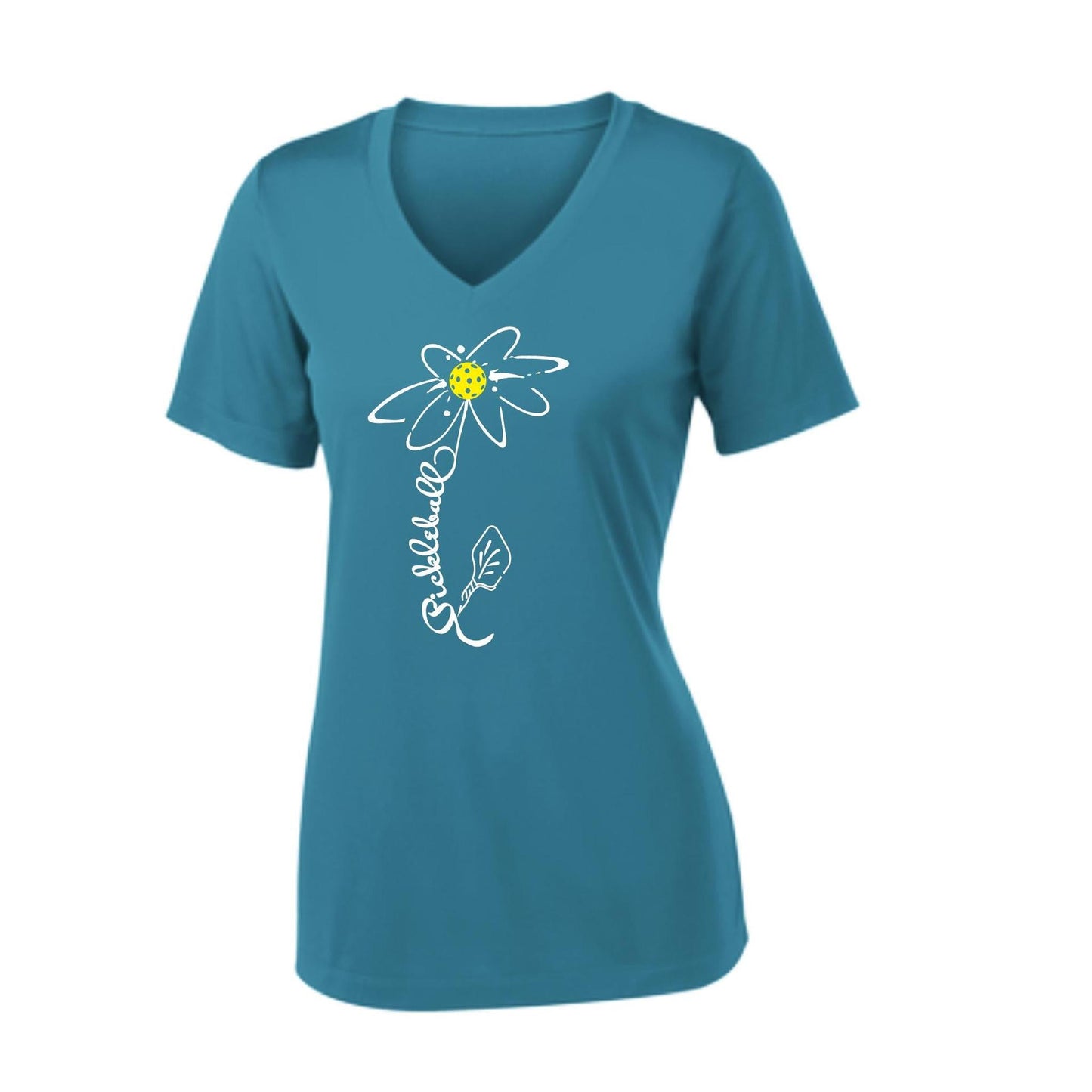 Pickleball Flower (White Yellow) | Women's Short Sleeve V-Neck Pickleball Performance T-Shirts | 100% Polyester