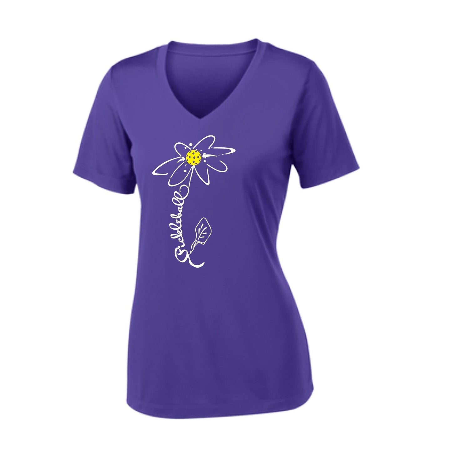 Pickleball Flower (White Yellow) | Women's Short Sleeve V-Neck Pickleball Performance T-Shirts | 100% Polyester