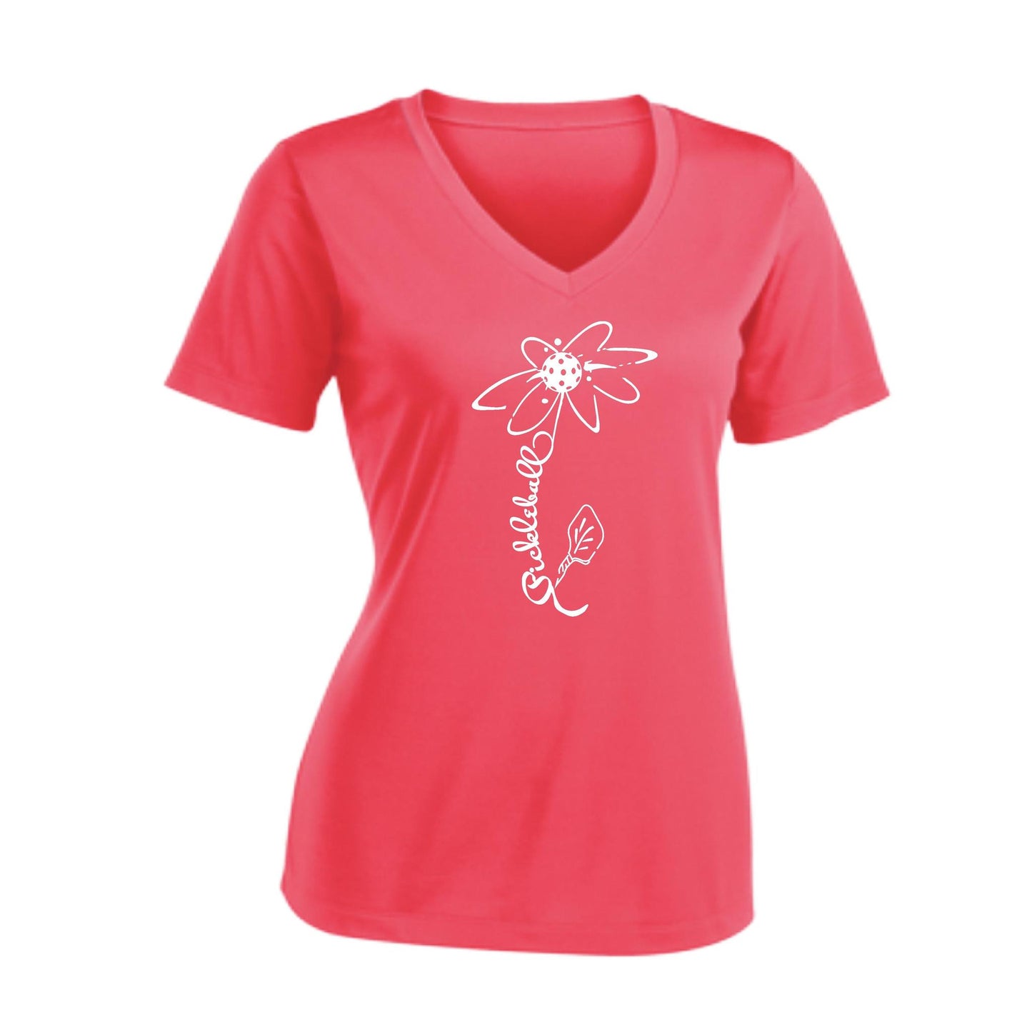 Pickleball Flower (White Yellow) | Women's Short Sleeve V-Neck Pickleball Performance T-Shirts | 100% Polyester