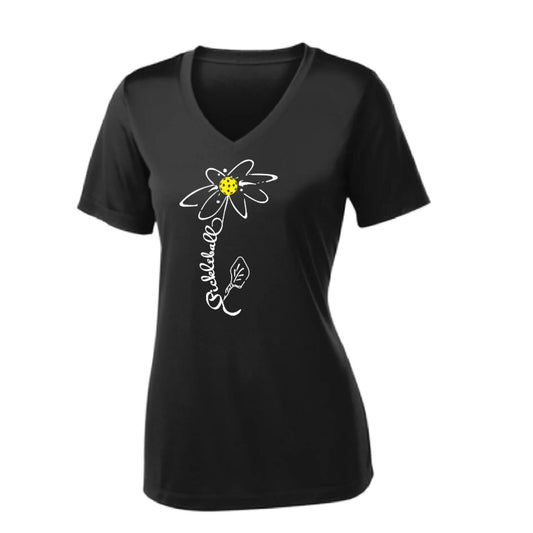 Pickleball Flower (White Yellow) | Women's Short Sleeve V-Neck Pickleball Performance T-Shirts | 100% Polyester
