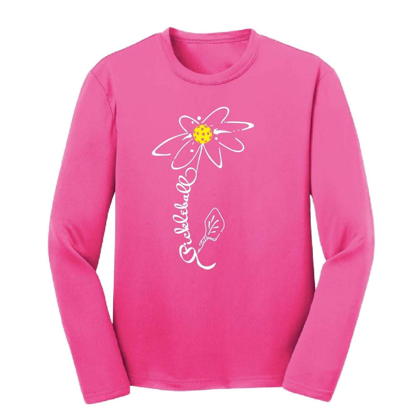 Pickleball Flower (White Yellow) | Youth Long Sleeve Pickleball Performance T-Shirts | 100% Polyester