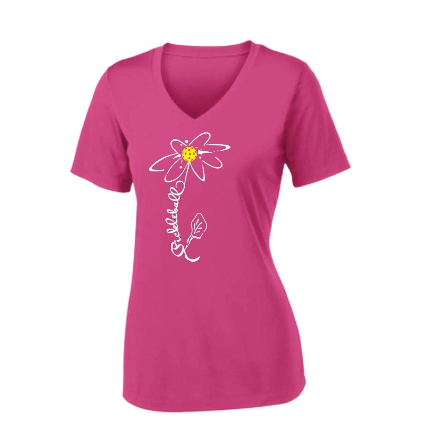 Pickleball Flower (Yellow) | Clearance Pink Raspberry Women's Short Sleeve V-Neck Pickleball Performance T-Shirts | 100% Polyester