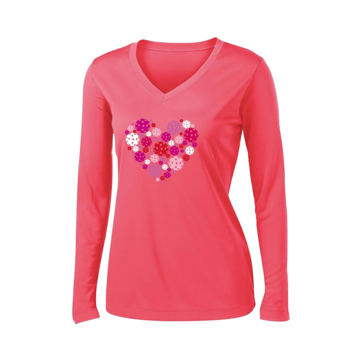 Pickleball Heart | Women’s Long Sleeve V-Neck Pickleball Performance T-Shirt | 100% Polyester