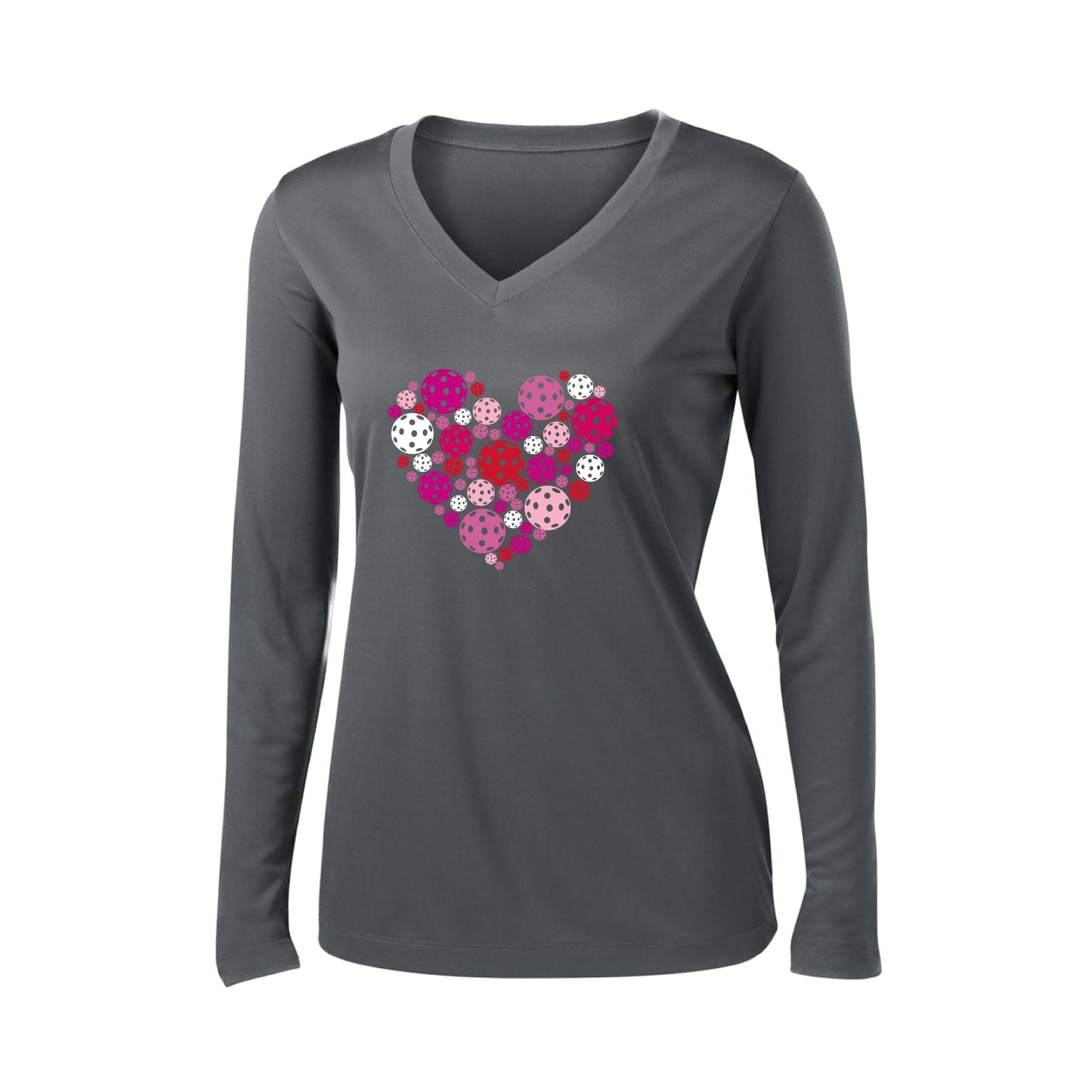 Pickleball Heart | Women’s Long Sleeve V-Neck Pickleball Performance T-Shirt | 100% Polyester
