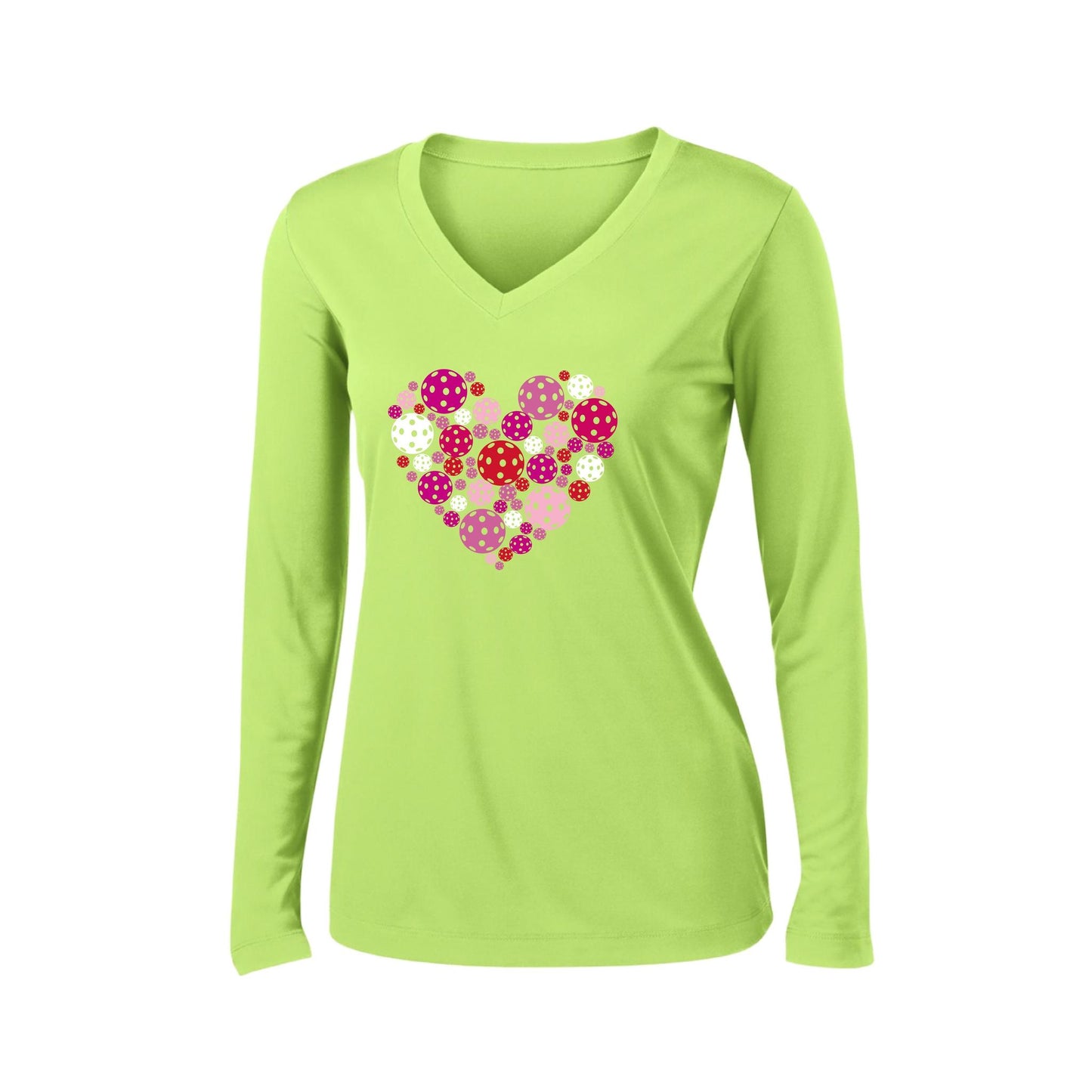 Pickleball Heart | Women’s Long Sleeve V-Neck Pickleball Performance T-Shirt | 100% Polyester