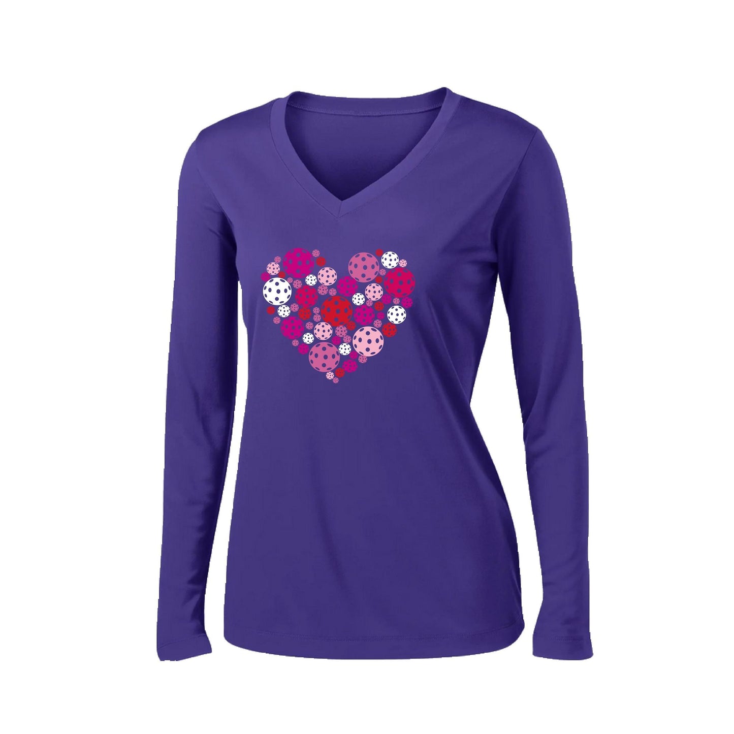 Pickleball Heart | Women’s Long Sleeve V-Neck Pickleball Performance T-Shirt | 100% Polyester