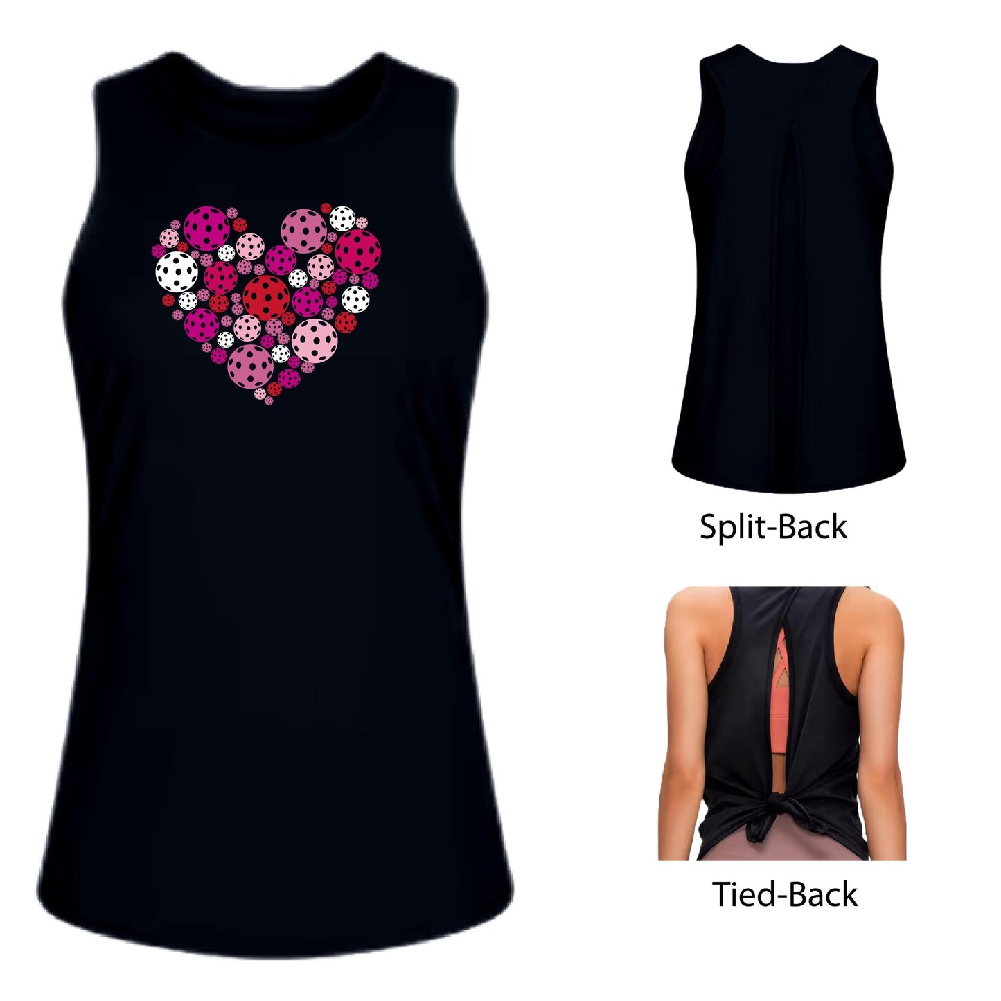 Pickleball Heart | Women's Split Back or Tied Back Pickleball Performance Tank | 80/20 Nylon Spandex Mix