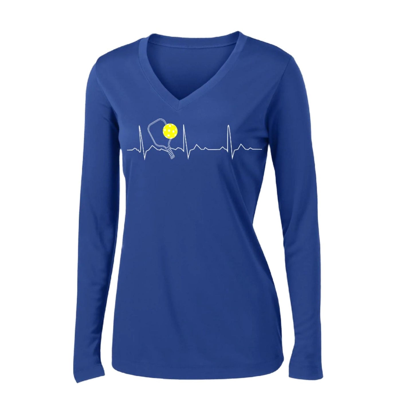 Pickleball Heartbeat EKG | Women’s Long Sleeve V-Neck Pickleball Performance T-Shirt | 100% Polyester