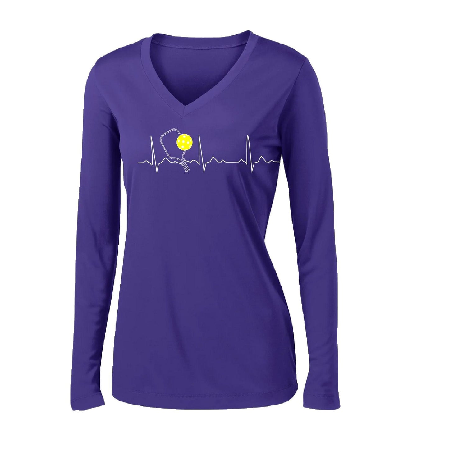 Pickleball Heartbeat EKG | Women’s Long Sleeve V-Neck Pickleball Performance T-Shirt | 100% Polyester