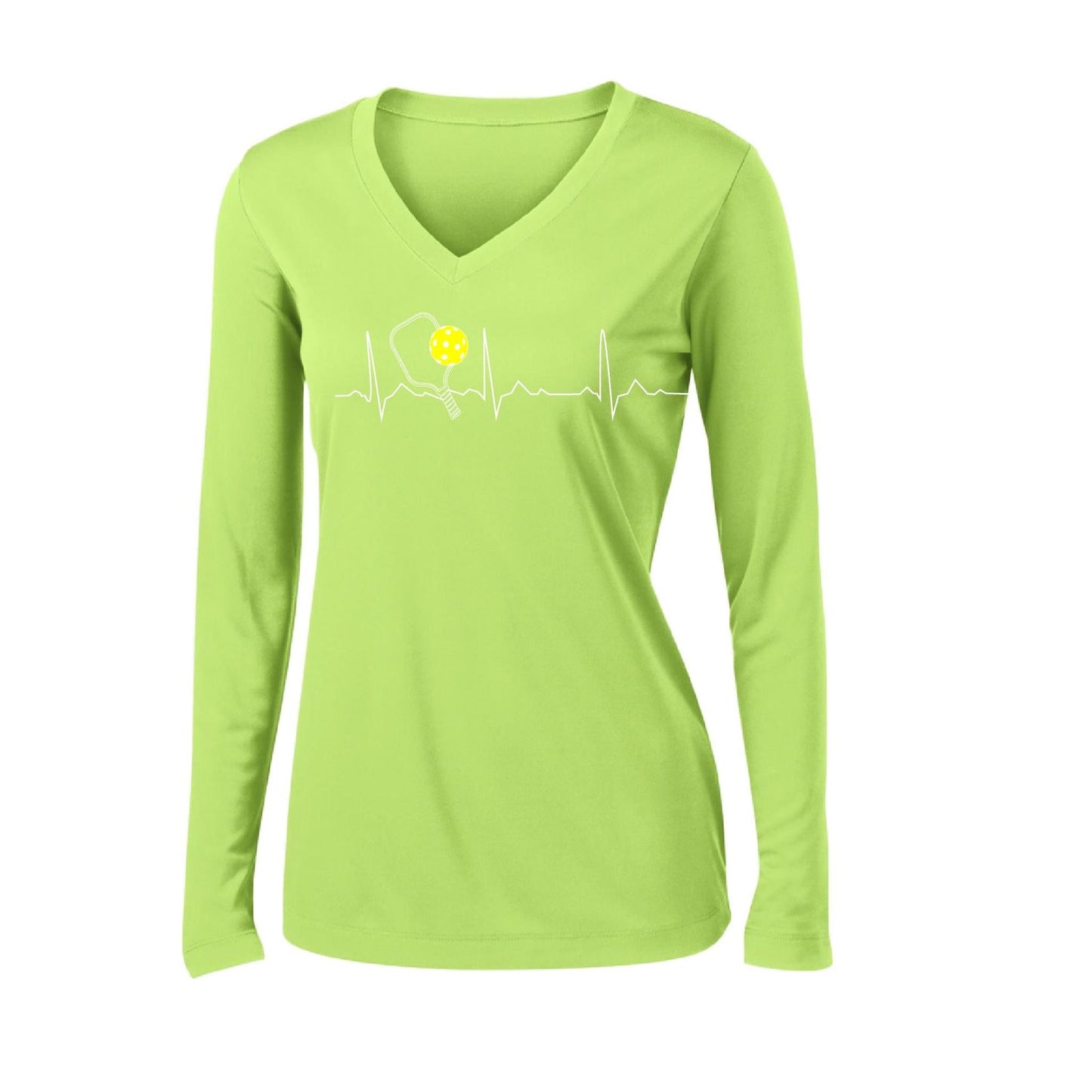 Pickleball Heartbeat EKG | Women’s Long Sleeve V-Neck Pickleball Performance T-Shirt | 100% Polyester