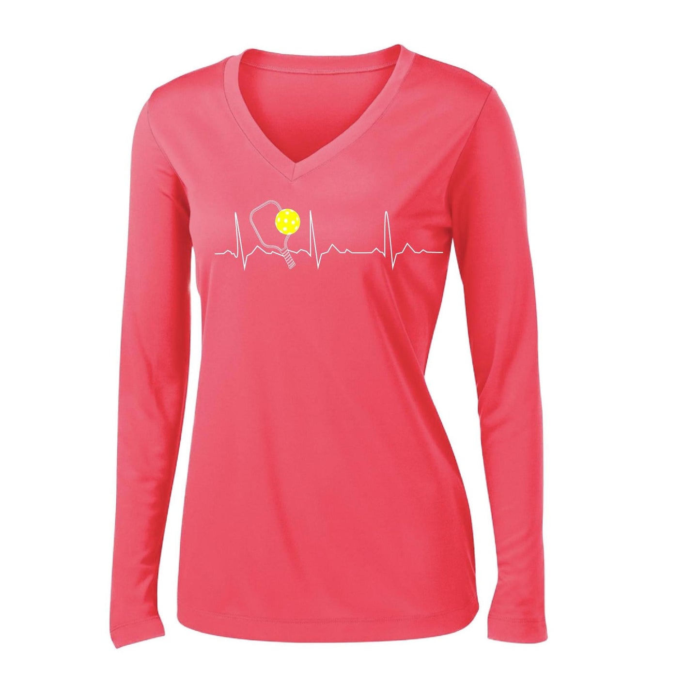 Pickleball Heartbeat EKG | Women’s Long Sleeve V-Neck Pickleball Performance T-Shirt | 100% Polyester