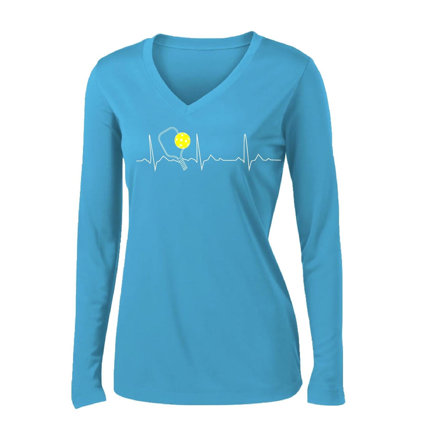 Pickleball Heartbeat EKG | Women’s Long Sleeve V-Neck Pickleball Performance T-Shirt | 100% Polyester