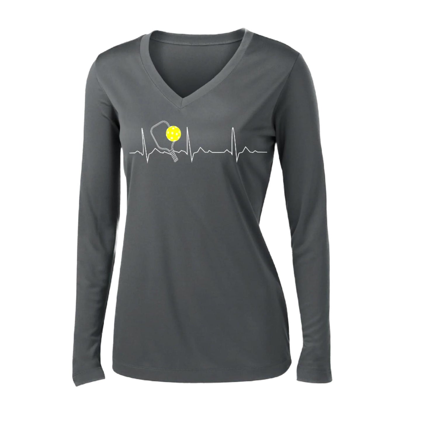 Pickleball Heartbeat EKG | Women’s Long Sleeve V-Neck Pickleball Performance T-Shirt | 100% Polyester