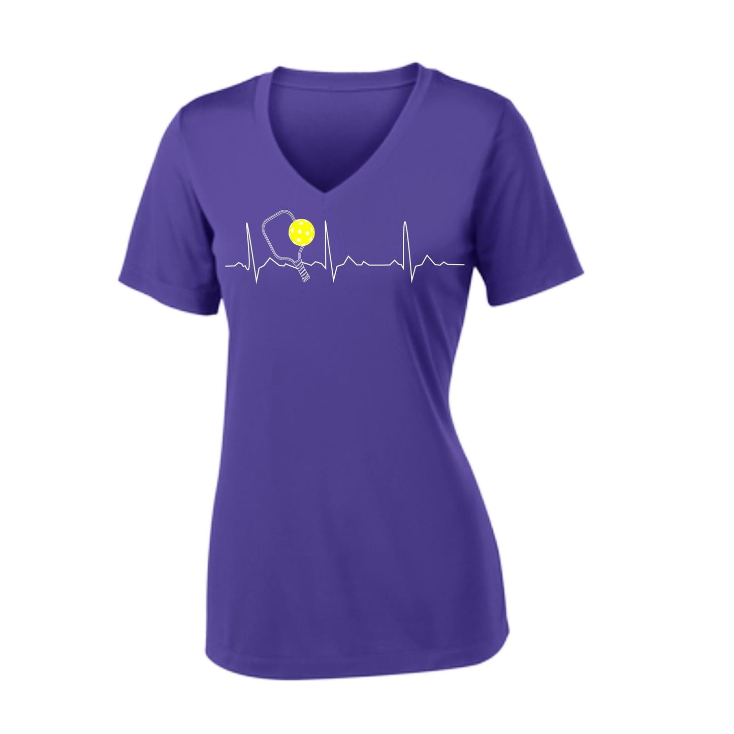 Pickleball Heartbeat EKG | Women's Short Sleeve V-Neck Pickleball Performance T-Shirts | 100% Polyester