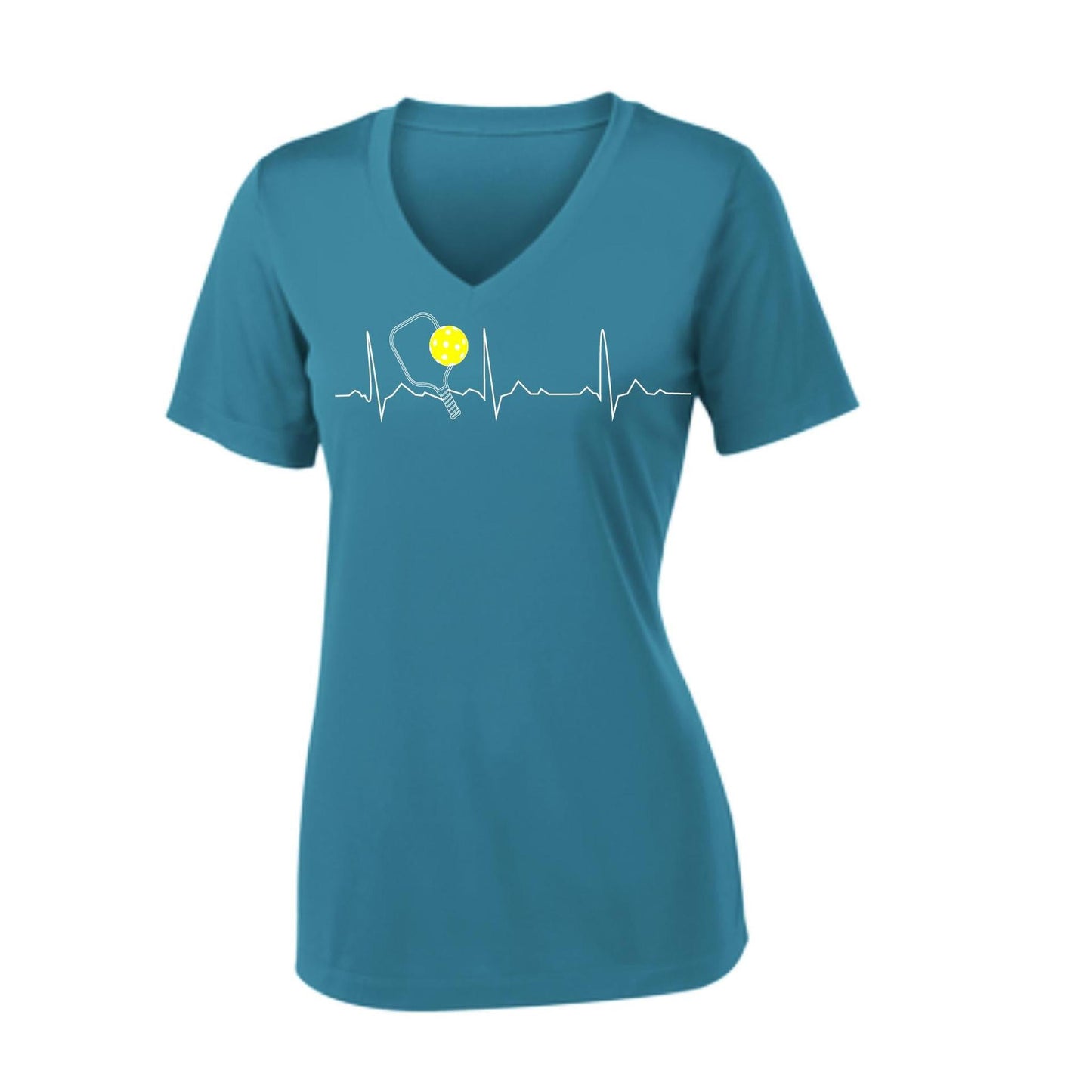 Pickleball Heartbeat EKG | Women's Short Sleeve V-Neck Pickleball Performance T-Shirts | 100% Polyester