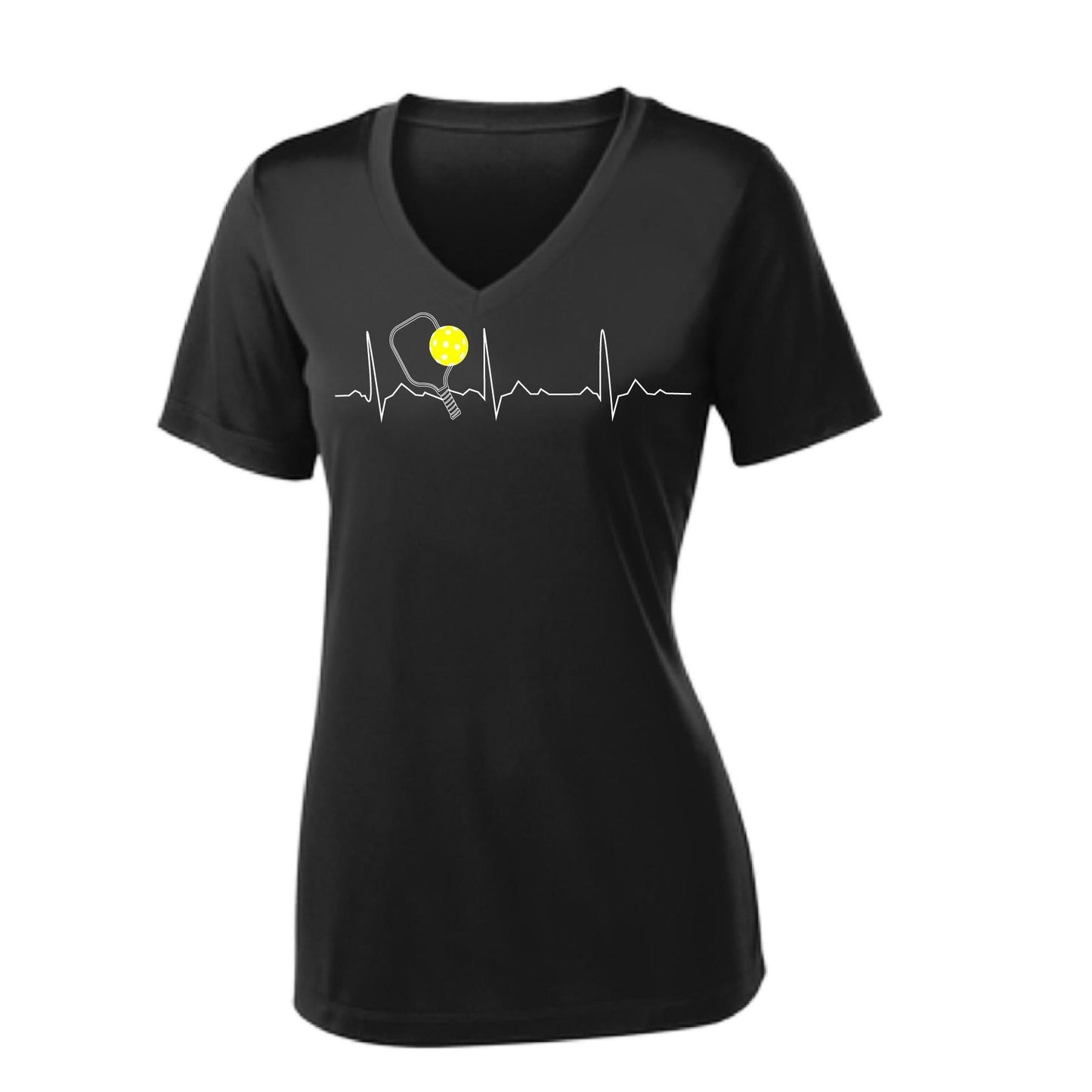 Pickleball Heartbeat EKG | Women's Short Sleeve V-Neck Pickleball Performance T-Shirts | 100% Polyester