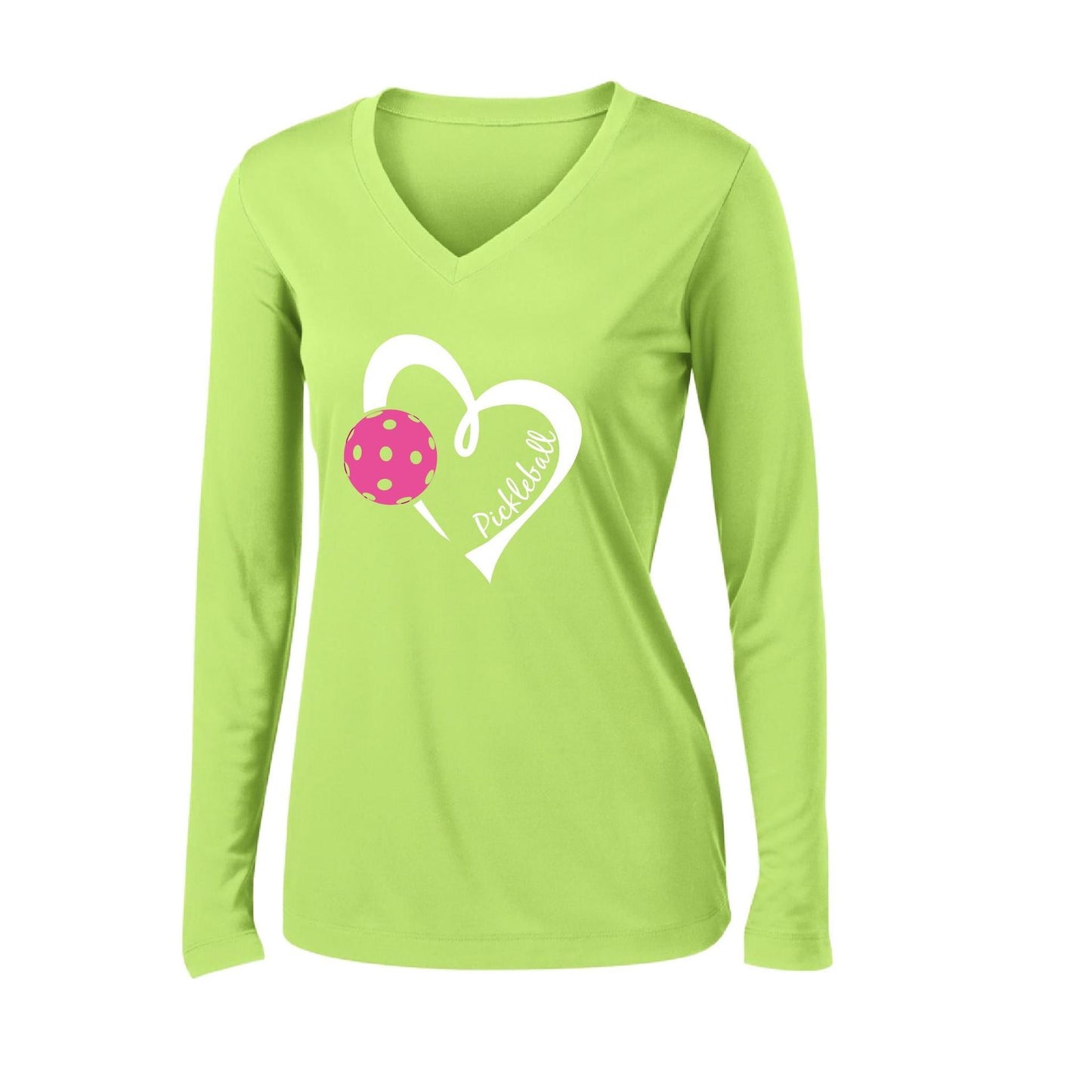 Pickleball Love (Pink) | Women’s Long Sleeve V-Neck Pickleball Performance T-Shirt | 100% Polyester