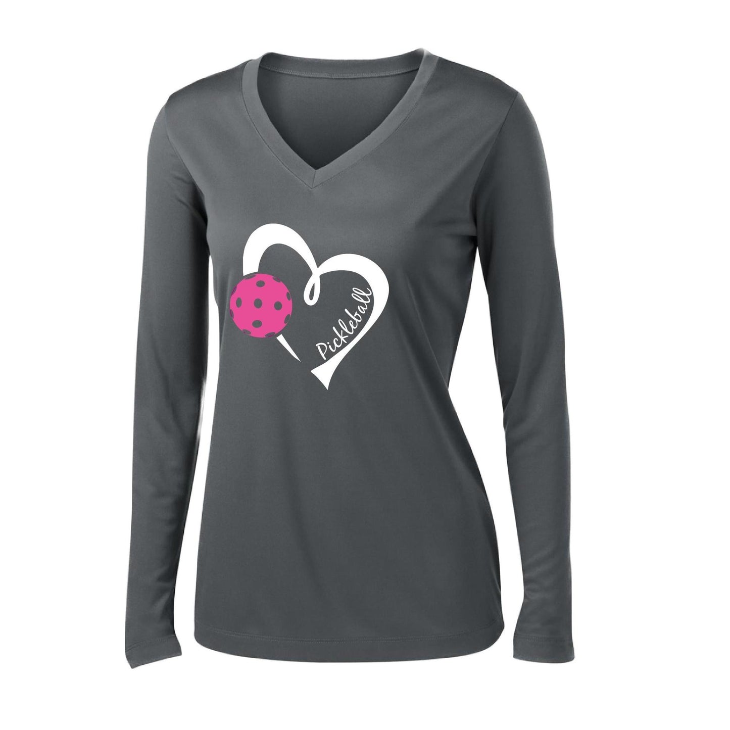 Pickleball Love (Pink) | Women’s Long Sleeve V-Neck Pickleball Performance T-Shirt | 100% Polyester