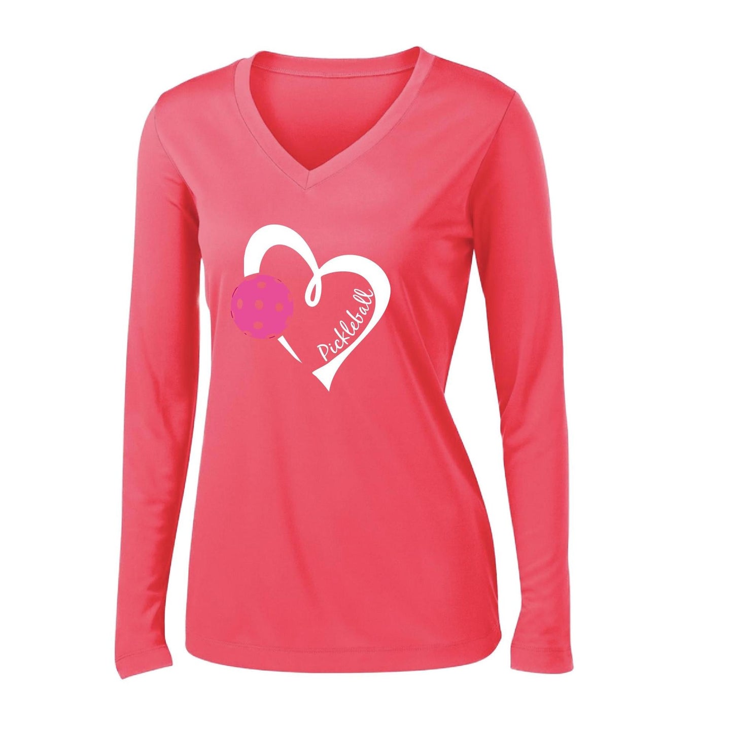 Pickleball Love (Pink) | Women’s Long Sleeve V-Neck Pickleball Performance T-Shirt | 100% Polyester