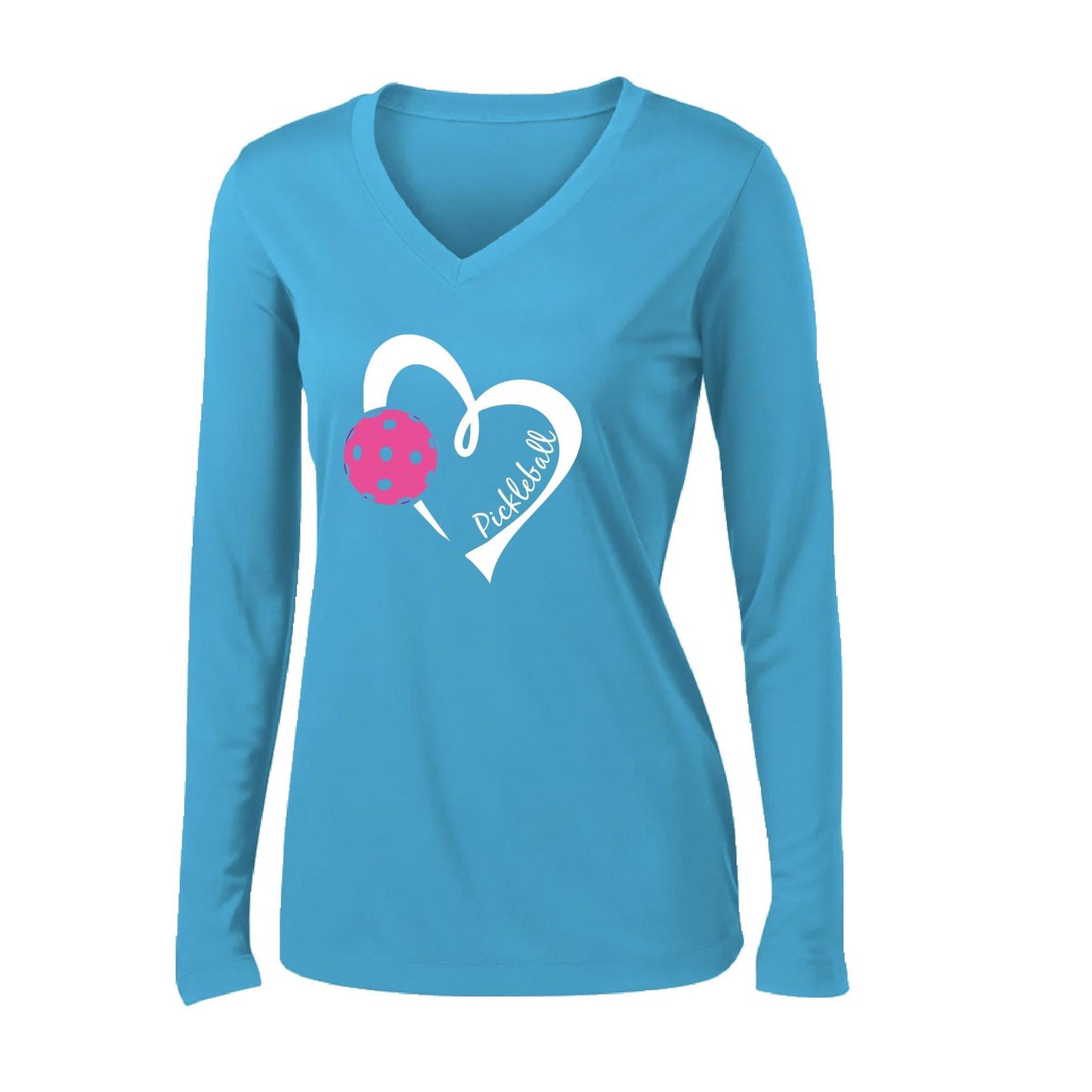 Pickleball Love (Pink) | Women’s Long Sleeve V-Neck Pickleball Performance T-Shirt | 100% Polyester