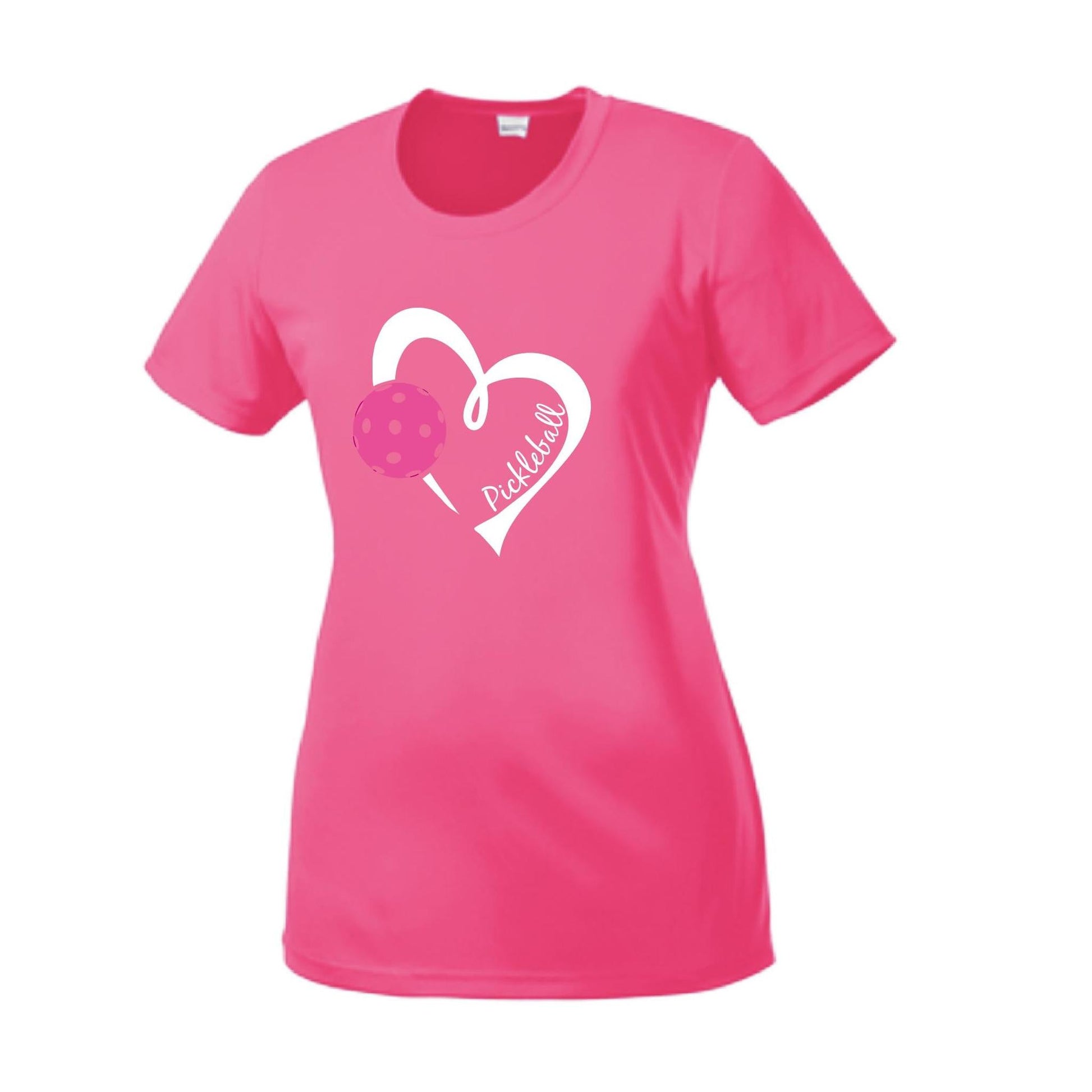 Pickleball Love (Pink) | Women’s Short Sleeve Crewneck Pickleball Performance T-Shirts | 100% Polyester